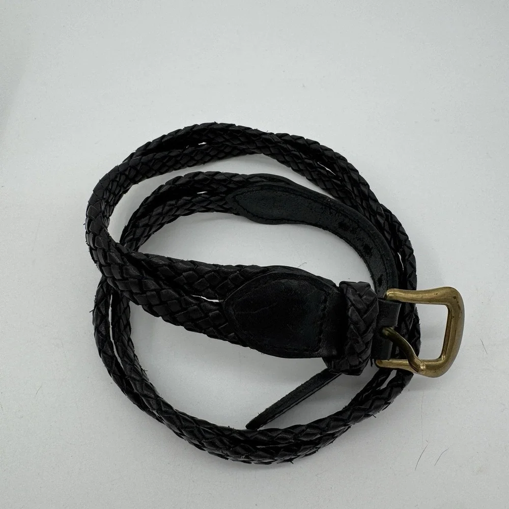 Talbots Genuine Leather Braided Belt Solid Brass Buckle Black XS VTG 6309‎ Boho